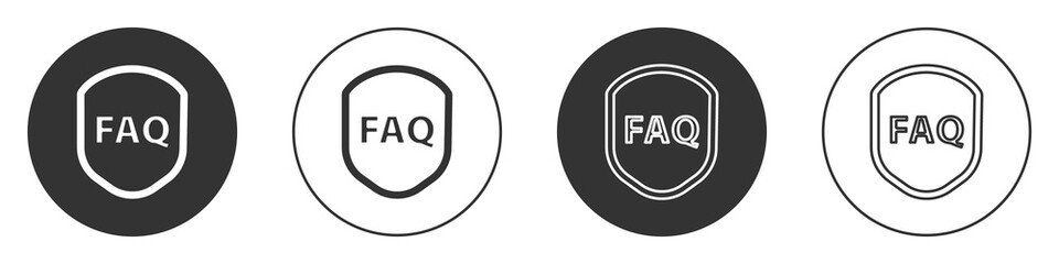 Black Shield with text FAQ information icon isolated on white background. Guard sign. Security, safety, protection, privacy concept. Circle button. Vector Illustration.