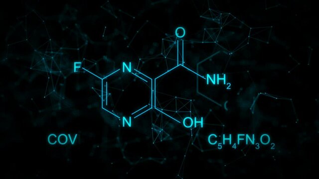 Animation of Favipiravir chemical formula consisting of benzene rings, hexagons. Experimental antiviral treatment of COVID-19. Seamless loopable background.