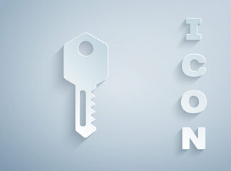 Paper cut House key icon isolated on grey background. Paper art style. Vector Illustration.