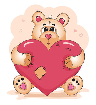 Hand drawn Valentine teddy bear with heart in paws. vector illustration