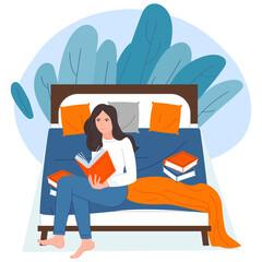 Cartoon girl reading book on bed vector illustration modern style