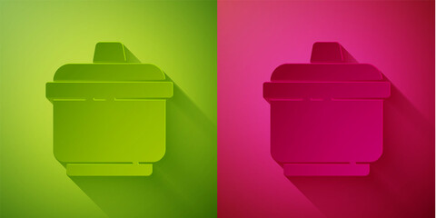 Paper cut Cooking pot icon isolated on green and pink background. Boil or stew food symbol. Paper art style. Vector Illustration.