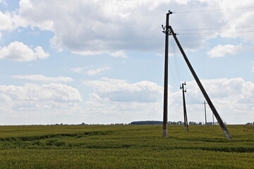 Fototapeta na wymiar Electrical transmission air power line pylon masts on green field on Sunny summer day against blue sky with clouds background, ecological energy electricity transportation, countryside landscape