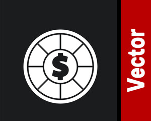 White Casino chips icon isolated on black background. Casino gambling. Vector Illustration.