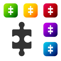 Black Piece of puzzle icon isolated on white background. Business, marketing, finance, layout, infographics, internet concept. Set icons in color square buttons. Vector Illustration.