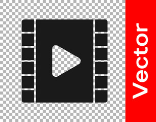 Black Play Video icon isolated on transparent background. Film strip with play sign. Vector Illustration.