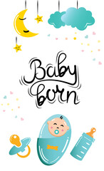 Happy birthday, holiday, baby shower celebration greeting and invitation card with teddy bear and baby clothes with hand lettering for baby shower. Vector Illustration. 