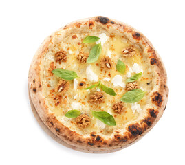 Delicious cheese pizza with walnuts and basil isolated on white, top view