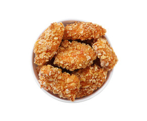 Bucket with yummy fried nuggets isolated on white, top view