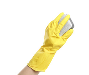 Person in rubber glove with sponge on white background, closeup of hand