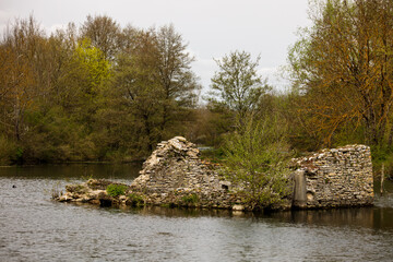 old broken ruin engulfed of a lake in the forest
