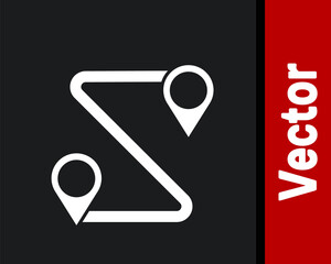 White Route location icon isolated on black background. Map pointer sign. Concept of path or road. GPS navigator. Vector Illustration.