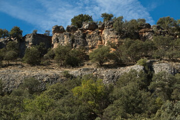 Fototapeta na wymiar Rock formation at the hiking track from Aragosa to La Cabrera in park Barranco del Rio Dulce, Guadalajara, Spain 