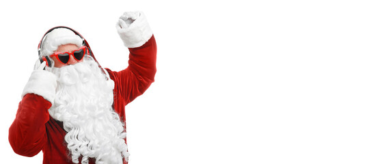 Santa Claus listening to music with headphones on white background. Banner design