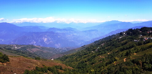 View of the snow mountain and the blue sky 