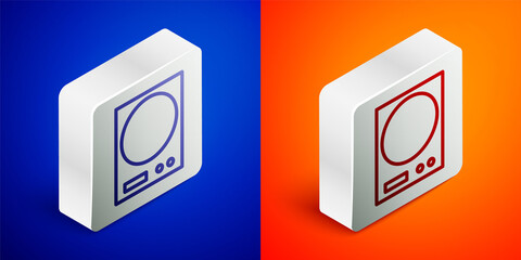 Isometric line Electronic scales icon isolated on blue and orange background. Weight measure equipment. Silver square button. Vector Illustration.