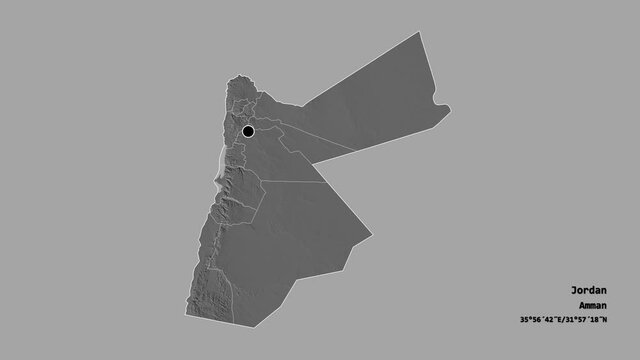 Madaba, province of Jordan, with its capital, localized, outlined and zoomed with informative overlays on a bilevel map in the Stereographic projection. Animation 3D