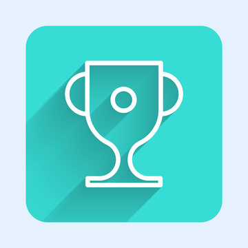 White line Award cup icon isolated with long shadow. Winner trophy symbol. Championship or competition trophy. Sports achievement sign. Green square button. Vector Illustration.
