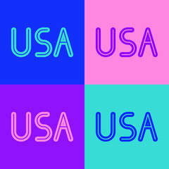 Pop art line USA label icon isolated on color background. United States of America. Vector Illustration.