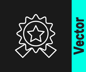 White line Medal with star icon isolated on black background. Winner achievement sign. Award medal. Vector Illustration.