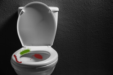 Illustration of microbes on toilet bowl in bathroom, space for text