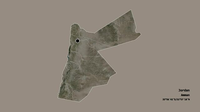 Madaba, province of Jordan, with its capital, localized, outlined and zoomed with informative overlays on a satellite map in the Stereographic projection. Animation 3D