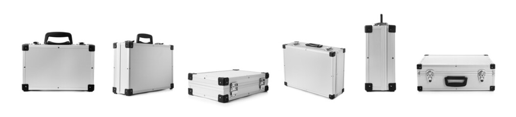 Set of modern suitcases on white background. Banner design