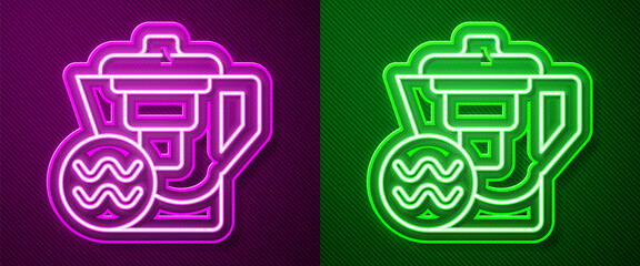 Glowing neon line Water jug with a filter icon isolated on purple and green background. Vector Illustration.