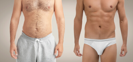 Slim and overweight men on light background, closeup. Banner design