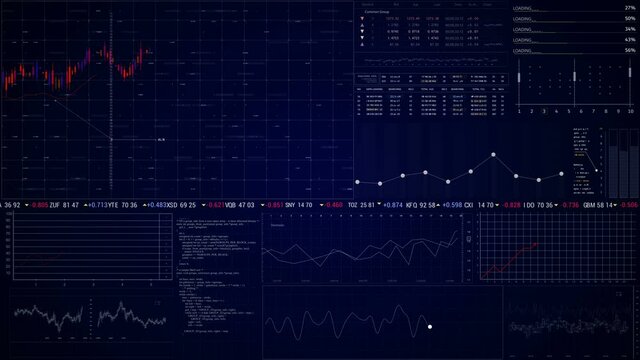 HUD Stock Market index and quotes intro.Technological Business HUD.Digital information board animated.Financial diagrams, growing charts.Blue.