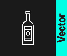 White line Glass bottle of vodka icon isolated on black background. Vector Illustration.
