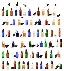 Fototapeta na wymiar Set with bottles of different essential oils on white background