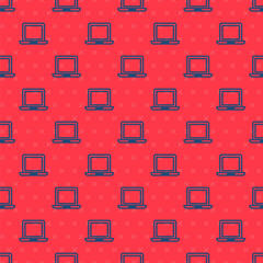 Blue line Laptop icon isolated seamless pattern on red background. Computer notebook with empty screen sign. Vector Illustration.