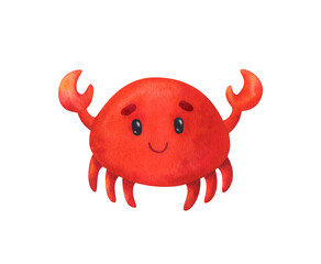 Cute red crab. Watercolor illustration of a crustacean animal in cartoon style. Stock image on a white background. Children's print