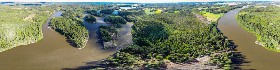 Aerial panoramic summer view of rapid Ahvionkoski at river Kymijoki, Finland.