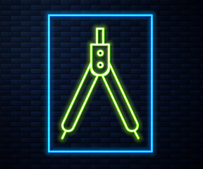 Glowing neon line Drawing compass icon isolated on brick wall background. Compasses sign. Drawing and educational tools. Geometric instrument. Vector Illustration.