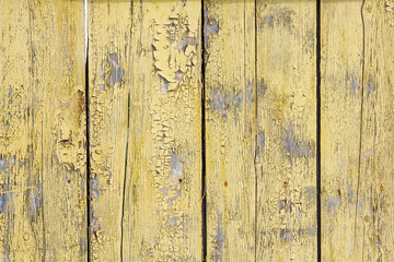 Fototapeta na wymiar Picket fence with peeling paint. Wood texture. Old rough and cracked planks. Close-up. Perfect for background and design.