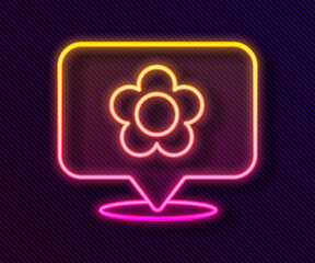 Glowing neon line Location with flower icon isolated on black background. Vector Illustration.