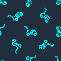 Green line Lawn mower icon isolated seamless pattern on blue background. Lawn mower cutting grass. Vector Illustration.