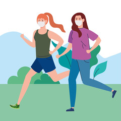 Fototapeta na wymiar women marathoner running wearing medical mask, on outdoor, prevention coronavirus covid 19 vector illustration design