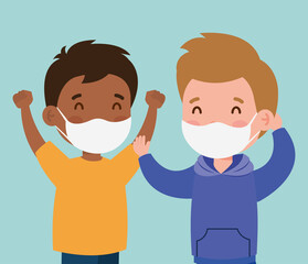 cute boys wearing medical mask to prevent coronavirus covid 19 on white background vector illustration design