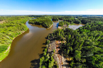 Aerial panoramic summer view of rapid Ahvionkoski at river Kymijoki, Finland.