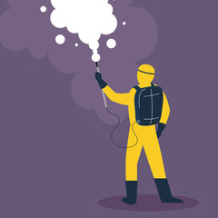 person in protective suit or clothing, spray to cleaning and disinfection virus, covid 19 disease, preventive measure vector illustration design