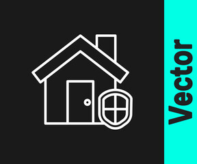 White line House under protection icon isolated on black background. Home and shield. Protection, safety, security, protect, defense concept. Vector Illustration.