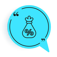 Black line Money bag with percent icon isolated on white background. Cash Banking currency sign. Blue speech bubble symbol. Vector Illustration.