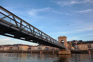 Fototapeta premium Vienne city with the footbridge over Rhone River and Saint Maurice Cathedral 