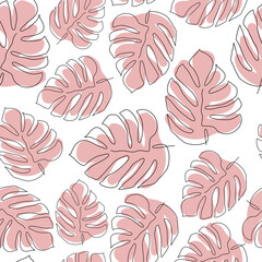 Seamless floral pattern with hand drawn monstera leaves and pink design elements on white background. Perfect for textile fabric print, wrapping, wallpapers, invitation, card, etc. Line art.