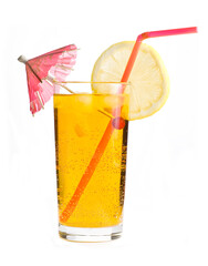 Yellow cocktail with lemon isolated on a white background.