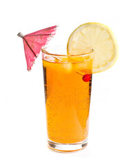 Yellow cocktail with lemon isolated on a white background.
