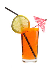 Yellow cocktail with lemon isolated on a white background.